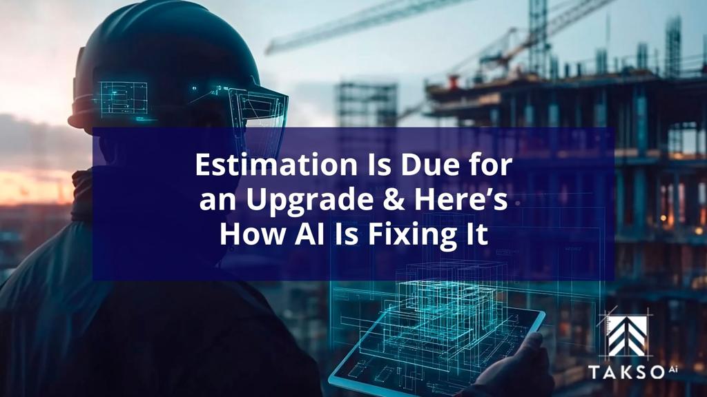 Construction professional using AI-powered tools with a holographic blueprint overlay, representing how TaksoAI modernizes estimation processes for greater accuracy and efficiency.