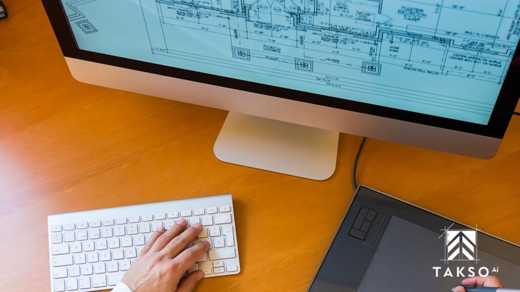 Estimator working on a desktop computer with detailed building blueprints, showcasing TaksoAI's digital precision tools for smarter project estimation.