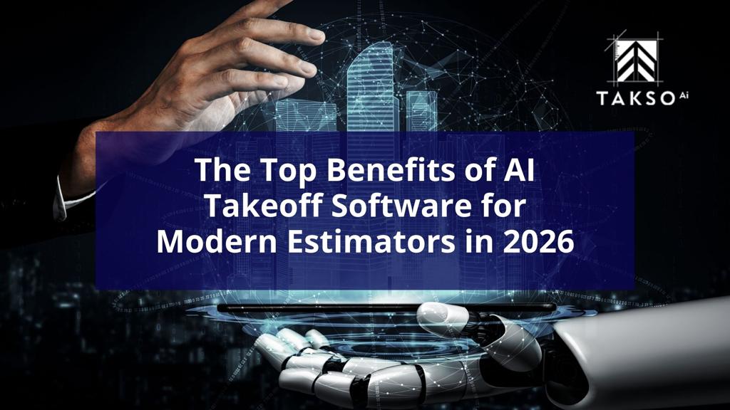 AI-powered takeoff software visual showing robotic intelligence supporting modern construction estimators with digital building models and data analysis.