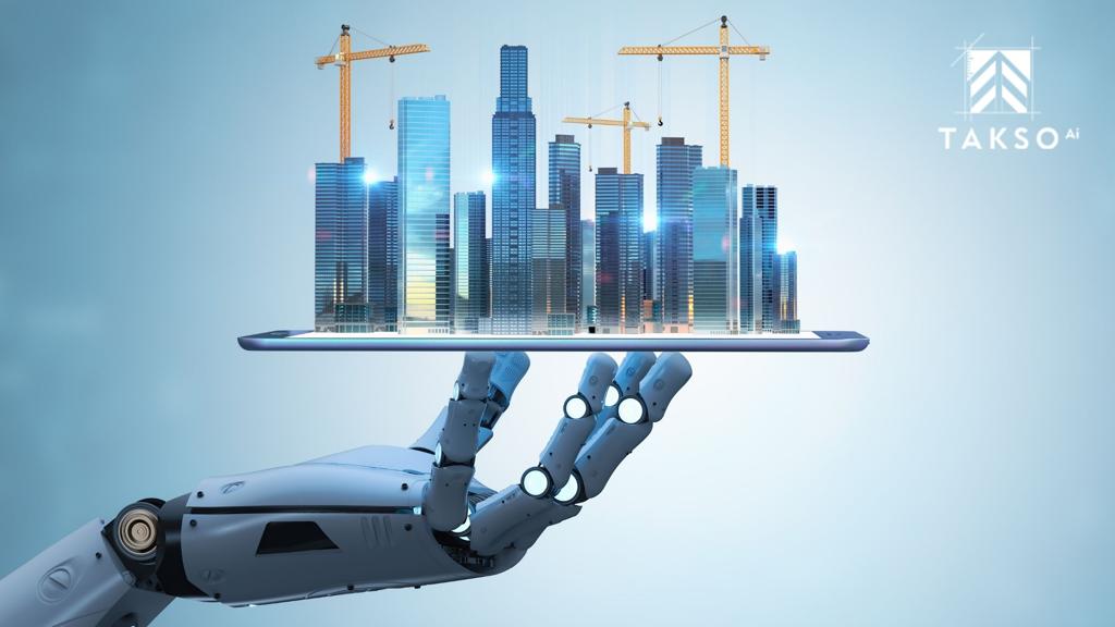 AI construction estimating software concept with robotic hand presenting a digital city model and cranes representing automated takeoff and project planning.